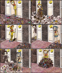 Size: 1270x1489 | Tagged: safe, artist:meiyeezhu, coco pommel, oc, oc:tropical sunrise, human, g4, anime, annoyed, apartment, bottle, boxes, broom, cans, cleaning, clothes, comic, commission, door, doors, dust, exclamation point, funny, hilarious, humanized, lamp, littering, manehattan, messy, miniskirt, neckerchief, neighbor, neighborhood, newsies, nuisance, old master q, paper, parody, passive aggressive, payback, pile, plastic, pleated skirt, question mark, reference, revenge, shocked, skirt, smelly, surprised, sweeping, traditional art, trash, upset, vest