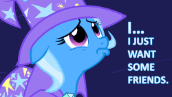Size: 1920x1080 | Tagged: safe, edit, edited screencap, screencap, trixie, pony, unicorn, g4, magic duel, animated, bronybait, cape, caption, clothes, crying, eye shimmer, female, floppy ears, gif, hat, looking up, mare, sad, solo, text, trixie's cape, trixie's hat