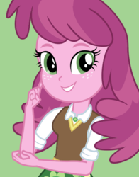 Size: 434x554 | Tagged: safe, cheerilee, equestria girls, g4, official, bust, female, green background, green eyes, grin, happy, looking at you, open mouth, open smile, simple background, smiling, smiling at you, solo