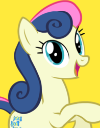 Size: 434x554 | Tagged: safe, bon bon, sweetie drops, earth pony, pony, g4, official, amused, bon bon is amused, female, looking at you, rearing, simple background, smiling, solo, yellow background