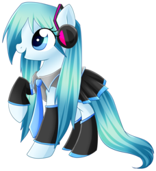 Size: 4138x4544 | Tagged: safe, artist:scarlet-spectrum, earth pony, pony, absurd resolution, clothes, female, happy, hatsune miku, headset, hilarious in hindsight, mare, open mouth, ponified, profile, raised hoof, simple background, singing, solo, transparent background, vocaloid