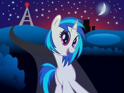 Size: 1497x1119 | Tagged: safe, artist:drzedworth, dj pon-3, vinyl scratch, pony, unicorn, g4, female, moon, solo, stars