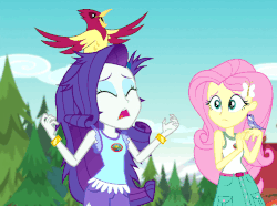 Size: 624x464 | Tagged: safe, edit, edited screencap, screencap, fluttershy, rarity, bird, songbird, equestria girls, g4, legend of everfree - bloopers, my little pony equestria girls: legend of everfree, animated, animated actors, blinking, blooper, bracelet, clothes, cropped, drama queen, eyes closed, female, flapping, frown, gif, jewelry, marshmelodrama, messy mane, open mouth, ornithophobia, screaming, shorts, sleeveless, smiling, tank top, wide eyes
