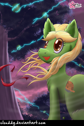 Size: 670x1000 | Tagged: safe, artist:clouddg, granny smith, earth pony, pony, g4, apple, female, food, lightning, open mouth, smiling, solo, storm, sweet apple acres, tree, young granny smith, zap apple