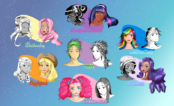 Size: 1880x1149 | Tagged: safe, artist:butterfly--empress, applejack, fluttershy, pinkie pie, rainbow dash, rarity, sci-twi, spike, twilight sparkle, human, g4, bust, dark skin, humanized, mane seven, mane six, pinkamena diane pie, portrait, twolight