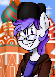 Size: 2742x3828 | Tagged: safe, artist:befishproductions, oc, oc only, anthro, clothes, colored pupils, glasses, high res, kremlin, male, russia, signature, solo, stallion