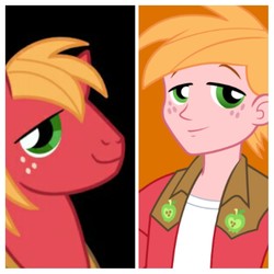 Size: 1024x1024 | Tagged: safe, edit, edited screencap, screencap, big macintosh, earth pony, pony, equestria girls, g4, clothes, comparison, looking at you, male, nose, smiling, stallion