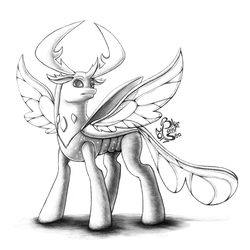 Size: 1000x1000 | Tagged: safe, artist:blue-paint-sea, thorax, changedling, changeling, g4, to where and back again, king thorax, male, monochrome, signature, simple background, sketch, solo, spread wings, white background