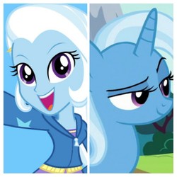 Size: 1024x1024 | Tagged: safe, edit, edited screencap, screencap, trixie, pony, unicorn, equestria girls, g4, clothes, horn, looking at you, skirt, zipper