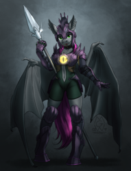 Size: 1800x2360 | Tagged: safe, artist:mykegreywolf, oc, oc only, oc:dusk eclipse, bat pony, anthro, unguligrade anthro, anthro oc, armor, belly button, fangs, female, helmet, large wings, looking at you, mare, night guard, open mouth, raffle prize, request, smiling, solo, spear, weapon, wings