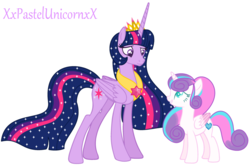 Size: 900x593 | Tagged: safe, artist:xxpastelunicornxx, princess flurry heart, twilight sparkle, alicorn, pony, g4, aunt and niece, auntie twilight, duo, female, jewelry, mare, older, older twilight, regalia, simple background, starry mane, twilight sparkle (alicorn), ultimate twilight, white background