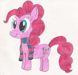 Size: 1692x1634 | Tagged: safe, artist:thefieryhawk, pinkie pie, g4, chibi, clothes, female, scarf, smiling, solo, traditional art