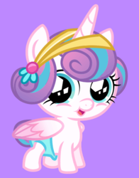 Size: 434x554 | Tagged: safe, princess flurry heart, alicorn, crystal pony, pony, g4, official, adorable face, baby, baby alicorn, baby flurry heart, baby pony, blue background, cute, diaper, diapered, diapered filly, female, filly, flurrybetes, foal, hairclip, happy, happy baby, looking at you, open mouth, purple background, simple background, smiling, smiling at you, solo, standing