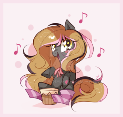 Size: 800x758 | Tagged: safe, artist:ipun, oc, oc only, earth pony, pony, bongos, clothes, drums, female, heart eyes, mare, music notes, musical instrument, socks, solo, striped socks, watermark, wingding eyes