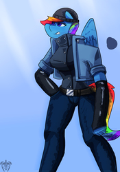 Size: 2100x3000 | Tagged: safe, artist:mopyr, rainbow dash, anthro, g4, beanie, clothes, colored pupils, female, hat, high res, jacket, jeans, pants, solo