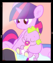 Size: 1245x1480 | Tagged: safe, artist:lemonthyme, spike, twilight sparkle, dragon, pony, unicorn, g4, baby, baby bottle, baby dragon, baby spike, blush sticker, blushing, book, bottle, cute, diaper, female, filly, filly twilight sparkle, male, mama twilight, mother and child, pacifier, paw pads, photography, reading, spikabetes, spikelove, twiabetes, unicorn twilight