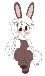 Size: 1142x1920 | Tagged: safe, artist:pabbley, derpy hooves, pegasus, pony, g4, 30 minute art challenge, blushing, bunny ears, bunny suit, clothes, cute, derpabetes, female, flats, leotard, lip bite, mare, partial color, playboy bunny, plump, shoes, sitting, socks, solo, thigh highs