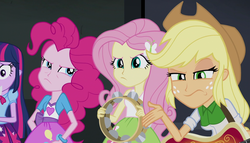 Size: 1904x1090 | Tagged: safe, screencap, applejack, fluttershy, pinkie pie, twilight sparkle, equestria girls, g4, my little pony equestria girls: rainbow rocks, angry, balloon, bass guitar, bracelet, clothes, cowboy hat, female, freckles, hat, jewelry, musical instrument, skirt, stetson, tambourine