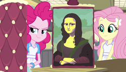 Size: 1920x1090 | Tagged: safe, screencap, fluttershy, pinkie pie, acadeca, equestria girls, g4, my little pony equestria girls: friendship games, apron, baking, bracelet, cake, clothes, duo, duo female, female, food, jewelry, mona lisa, wondercolts