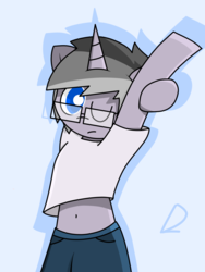 Size: 900x1200 | Tagged: safe, artist:dragonluncher, oc, oc only, oc:presto, pony, unicorn, belly button, glasses, simple background, solo, stretching