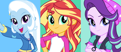 Size: 1300x554 | Tagged: safe, starlight glimmer, sunset shimmer, trixie, twilight sparkle, equestria girls, g4, official, counterparts, magical quartet, magical quintet, magical trio, twilight's counterparts