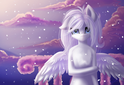 Size: 1024x704 | Tagged: safe, artist:likelike1, oc, oc only, pegasus, pony, cloud, female, mare, snow, solo, spread wings, twilight (astronomy)