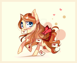 Size: 800x652 | Tagged: safe, artist:ipun, oc, oc only, oc:love letters, pony, unicorn, blushing, bow, female, heart eyes, letter, mare, mouth hold, running, solo, tail bow, wingding eyes