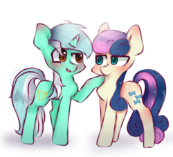 Size: 2048x1861 | Tagged: safe, artist:amerikaingle, artist:windymils, bon bon, lyra heartstrings, sweetie drops, earth pony, pony, unicorn, g4, blushing, duo, looking at each other, simple background, white background