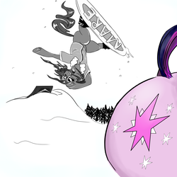 Size: 2000x2000 | Tagged: safe, artist:testostepone, twilight sparkle, oc, oc:nikita, pony, g4, butt, colored sketch, goggles, high res, plot, raised tail, snow, snowboard, tail