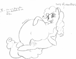 Size: 2115x1640 | Tagged: safe, artist:more-vore, pinkie pie, rainbow dash, earth pony, pony, g4, accidental vore, belly, female, fetish, implied twilight sparkle, monochrome, offscreen character, pinkie pred, preydash, vore