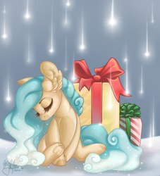 Size: 1964x2160 | Tagged: safe, artist:niks-696, oc, oc only, pony, ear fluff, eyes closed, female, looking away, looking down, mare, present, sitting, solo, stitches, toy, turned head