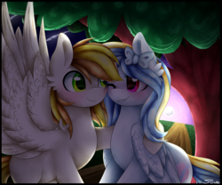 Size: 2225x1852 | Tagged: safe, artist:cloud-drawings, oc, oc only, oc:sweet pillow, pegasus, pony, blushing, bow, duo, female, male, mare, stallion, tree