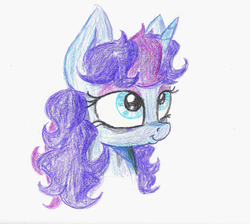 Size: 1835x1642 | Tagged: safe, artist:paskanaakka, derpibooru exclusive, oc, oc only, oc:midnight dew, pony, unicorn, bags under eyes, bust, colored pencil drawing, eyeshadow, female, horn, makeup, mare, pony oc, portrait, simple background, smiling, solo, traditional art, unicorn oc