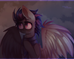 Size: 2236x1788 | Tagged: safe, artist:silvia woods, oc, oc only, oc:cloud bringer, pegasus, pony, abstract background, chromatic aberration, clothes, male, scarf, solo