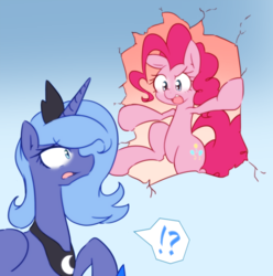 Size: 2125x2138 | Tagged: safe, artist:akainu_pony, pinkie pie, princess luna, alicorn, earth pony, pony, g4, female, gradient background, high res, looking at each other, mare, open mouth, raised hoof, s1 luna, wall