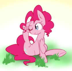 Size: 1475x1454 | Tagged: safe, artist:akainu_pony, pinkie pie, g4, active stretch, behaving like a dog, ear scratch, female, grass, horses doing horse things, puppy pie, sitting, solo