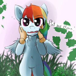 Size: 1500x1500 | Tagged: safe, artist:mr.candy_owo, rainbow dash, oc, oc:anon, pegasus, pony, g4, disembodied hand, embarrassed, female, grass, holding a pony, lineart, looking at you, mare, spread wings, surprised