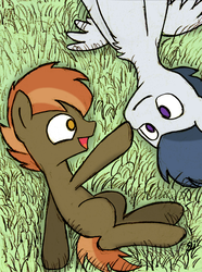 Size: 2068x2776 | Tagged: safe, artist:tkangaru, button mash, rumble, earth pony, pegasus, g4, boop, colt, duo, duo male, foal, grass, high res, looking at each other, looking at someone, lying down, male, on back, on side, open mouth, ship:rumblemash, shipping, smiling