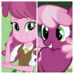 Size: 1024x1024 | Tagged: safe, edit, edited screencap, screencap, cheerilee, earth pony, pony, equestria girls, g4, clothes, comparison, happy, looking at you, skirt, smiling, teacher