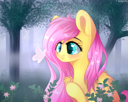 Size: 1500x1200 | Tagged: safe, artist:mitralexa, fluttershy, butterfly, g4, blushing, cute, female, flower, forest, shyabetes, solo, tree