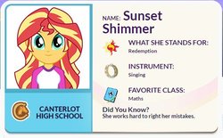 Size: 515x319 | Tagged: safe, screencap, sunset shimmer, equestria girls, g4, official, camp everfree outfits, canterlot high, cutie mark, eqg profiles, female, math, musical instrument, smiling, solo, tambourine