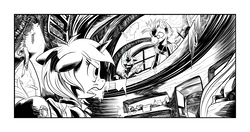 Size: 2550x1350 | Tagged: safe, artist:halley-valentine, oc, oc only, oc:littlepip, pony, unicorn, fallout equestria, assault rifle, black and white, clothes, fanfic, fanfic art, female, golden oaks library, grayscale, gun, hooves, horn, jumpsuit, looking back, mare, monochrome, open mouth, raider, rifle, teeth, vault suit, weapon