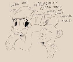 Size: 1000x850 | Tagged: dead source, safe, artist:sirmasterdufel, applejack, rarity, pony, g4, angry, dialogue, dirty, guess who, monochrome, peekaboo, simple background, this will end in tears and/or death