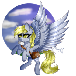 Size: 894x894 | Tagged: safe, artist:midnightsix3, artist:symphstudio, derpy hooves, pony, g4, cloud, female, flying, letter, mailbag, mouth hold, solo