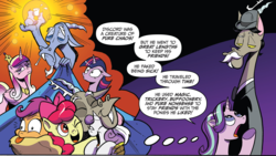 Size: 1988x1119 | Tagged: safe, artist:andy price, idw, official comic, accord, apple bloom, discord, princess cadance, scootaloo, starlight glimmer, sweetie belle, twilight sparkle, alicorn, draconequus, pony, g4, three's a crowd, spoiler:comic, spoiler:comic24, spoiler:comic50, comic, cutie mark crusaders, hug, panel, sisters-in-law, twilight sparkle (alicorn)