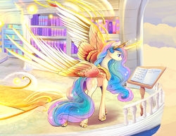 Size: 2200x1700 | Tagged: safe, artist:viwrastupr, princess celestia, alicorn, pony, g4, balcony, beautiful, book, butt, crown, cutie mark, ethereal mane, ethereal tail, feather, female, flowing mane, flowing tail, glowing horn, glowing wings, hoof shoes, horn, jewelry, large wings, lidded eyes, magic, majestic, mare, multicolored mane, multicolored tail, plot, powerful, purple eyes, queen celestia, regal, regalia, royalty, smiling, solo, tiara, wings