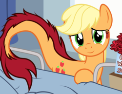 Size: 3300x2550 | Tagged: safe, artist:badumsquish, derpibooru exclusive, applejack, monster pony, original species, tatzlpony, g4, bed, cute, female, flower, fluffy tail, get well card, get well soon, gift art, high res, hospital, hospital bed, jackabetes, lidded eyes, looking at you, offscreen character, pov, smiling, solo, species swap, tatzljack
