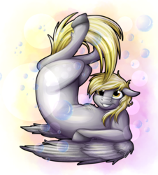 Size: 3356x3709 | Tagged: safe, artist:lupiarts, derpy hooves, pegasus, pony, g4, bubble, chest fluff, female, floppy ears, grin, high res, on back, smiling, solo, unshorn fetlocks
