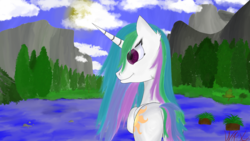 Size: 4096x2304 | Tagged: safe, artist:wax-42, princess celestia, alicorn, pony, g4, butt, cloud, cloudy, cutie mark, day, female, freedom, high res, lake, mare, mountain, multicolored mane, multicolored tail, nature, plot, praise the sun, purple eyes, rock, royalty, scenery, sky, smiling, solo, sun, sunbutt, traditional art, tree, water, watercolor painting, wet mane, wet mane celestia