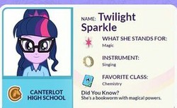 Size: 287x176 | Tagged: safe, sci-twi, twilight sparkle, equestria girls, g4, official, bookworm, camp everfree outfits, canterlot high, captain obvious, chemistry, clothes, element of magic, eqg profiles, glasses, looking at you, smiling